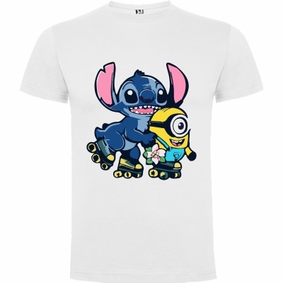 T-shirt branca com estampa colorida de personagens a andar de patins