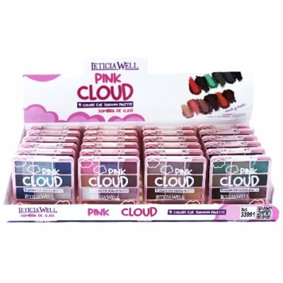 Caixas de paletas de sombras LETICIA WELL PINK CLOUD em expositor branco com detalhes rosa
