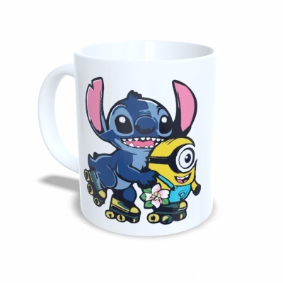 Caneca branca com desenhos animados em patins