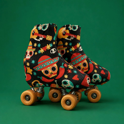 Patins de rodas com tecido preto estampado colorido de caveiras e elementos mexicanos