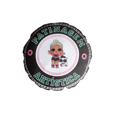 Sinal redondo com texto PATINAGEM ARTÍSTICA e ilustração de boneca e cão estilizados