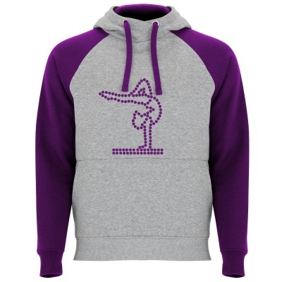 Hoodie cinzento com mangas roxas e estampa de ginasta em roxo