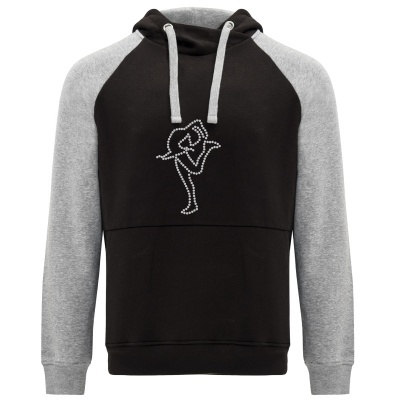 sweatshirt com capuz preto e cinzento com logótipo em pedras brilhantes