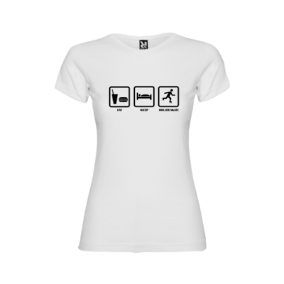 T-shirt branca com três ícones pretos e texto EAT, SLEEP, BREAK LIKE SAINT