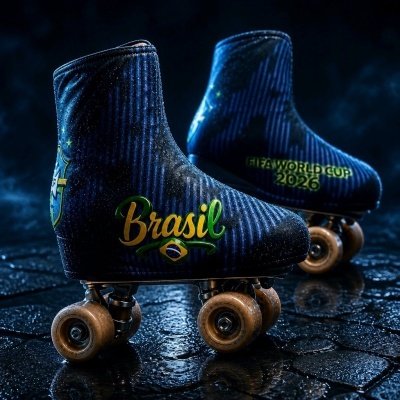 Patins de rodas azuis com design Brasil e texto FIFA WORLD CUP 2026
