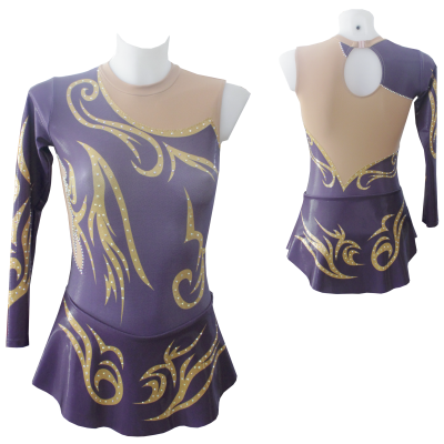 Vestido roxo e bege com detalhes dourados para patinagem ou ginástica
