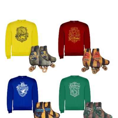 Quatro sweatshirts e patins em linha temáticos das casas de Hogwarts de Harry Potter, nas cores amarelo, vermelho, azul e verde, com os nomes e brasões das casas Hufflepuff, Gryffindor, Ravenclaw e Slytherin.
