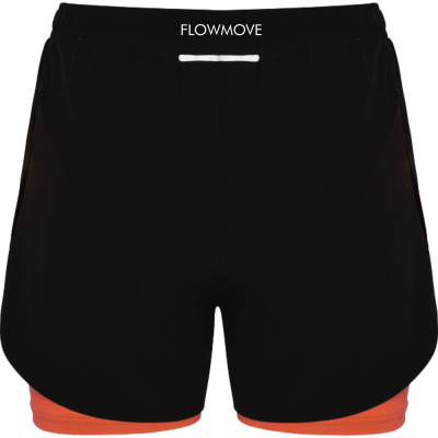 Calções de desporto pretos com forro vermelho e texto FLOWMOVE na cintura