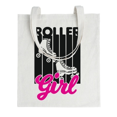 Saco de tecido branco com desenho de patins a rodas e texto ROLLER GIRL