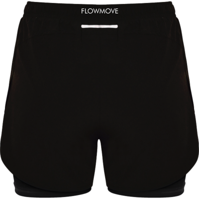 Calções desportivos pretos com elástico na cintura e texto FLOWMOVE