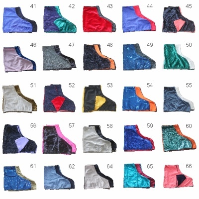 Capas para botas multi cores e tecidos diferentes organizadas em uma grade com números de 41 a 66