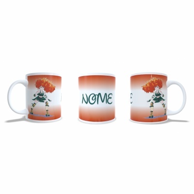 Três canecas com design de personagem e texto 'NOME'