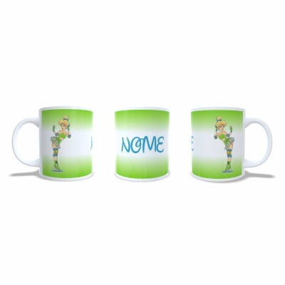 Caneca branca com personagem animado e texto 'NOME' em degradê verde