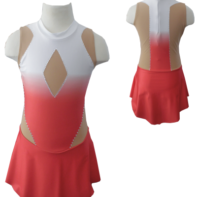 Vestido de dança branco, bege e vermelho com recortes e saia vermelha
