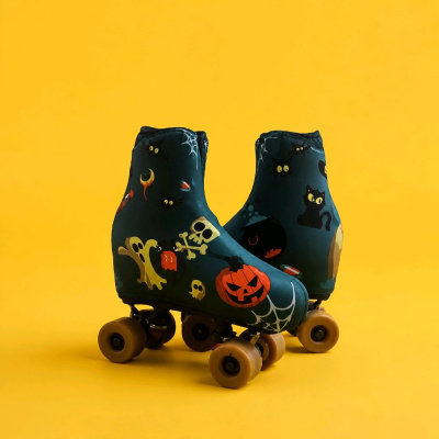 Par de patins com estampa de Halloween em fundo amarelo