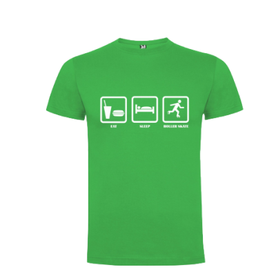 T-shirt verde com três ícones brancos e texto relacionado