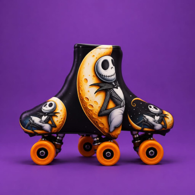 Par de patins com desenho de Jack Skellington e rodas laranja