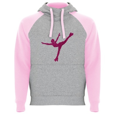 Sweatshirt com capuz cinza e rosa com estampa de patinadora roxa