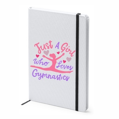 Caderno branco com elástico e estampa colorida de ginástica