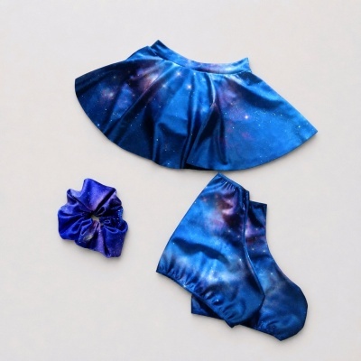 Conjunto de saia, leggings e scrunchie com padrão galaxy azul e roxo