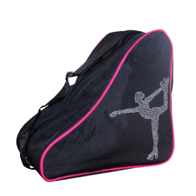 Mala preta para patins com figura de patinadora artística em brilhantes