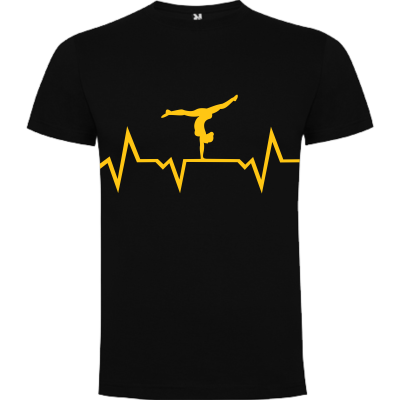T-shirt preta com estampa amarela de linha de pulso cardíaco com ginasta