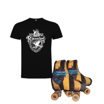 T-shirt preta com logotipo Ravenclaw e patins em linha laranja e pretos com logotipo Ravenclaw