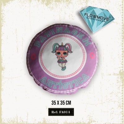 Disco redondo cor-de-rosa e branco com boneca e texto 'PATINAGEM ARTÍSTICA', medidas e referência num fundo claro.