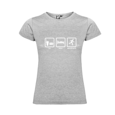 T-shirt feminina cinzenta com estampado branco e texto Eat Sleep Roller Skate