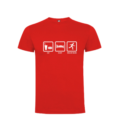 T-shirt vermelha com ícones e texto branco 'EAT', 'SLEEP', 'ROLLER SKATE'