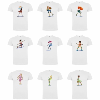 Nove t-shirts brancas com estampas coloridas de personagens femininas distintas