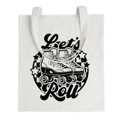 Saco de tecido branco com desenho preto de patins e texto Let's Roll