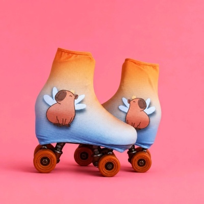 Patins com capa colorida e desenho de cachorro com asas