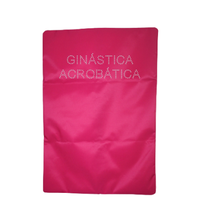 Saco rosa com texto 'GINÁSTICA ACROBÁTICA' em letras brancas