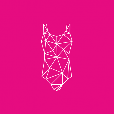 Ilustração estilizada de fato de banho feminino branco em fundo rosa