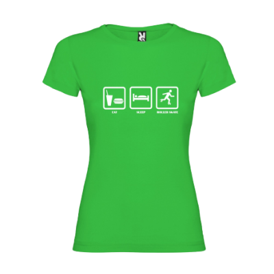 T-shirt feminina verde com ícones e texto branco