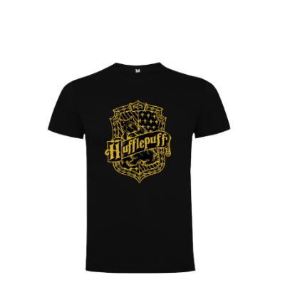 T-shirt preta com brasão amarelo da casa Hufflepuff