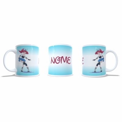 Três canecas com ilustrações de personagem feminina e texto 'NOME' no centro.