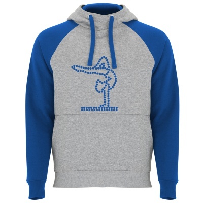 Sweatshirt cinza com mangas azuis e figura azul na frente