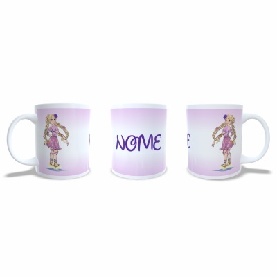 Caneca branca com ilustração de menina, fundo lilás e texto 