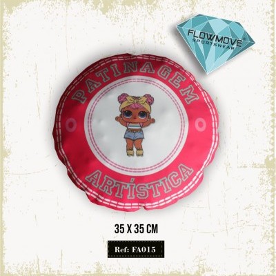 Colchonete redondo rosa com boneca e texto Patinagem Artística