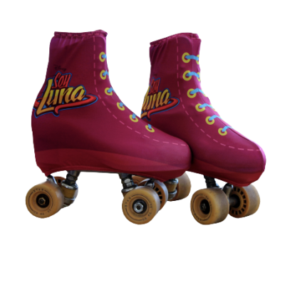 Patins com capa vermelha e textura de tecido, com rodas bege e texto Soy Luna