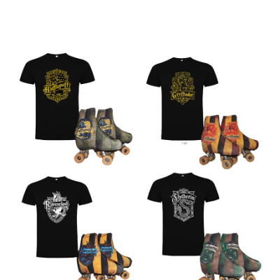 Conjuntos de t-shirts pretas com logotipos das casas de Harry Potter e patins de rodas coloridos correspondentes a cada casa