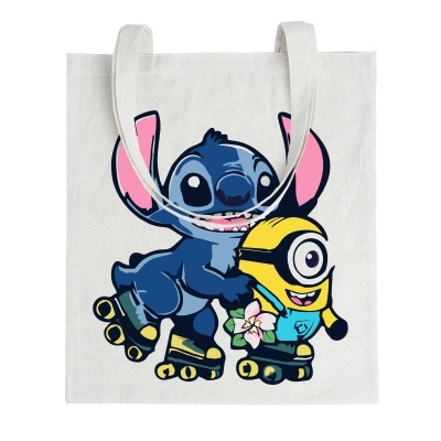 Saco de tecido branco com desenho colorido de dois personagens de desenho animado em patins
