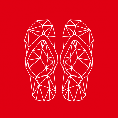 Ilustração geométrica de chinelos em linhas brancas sobre fundo vermelho
