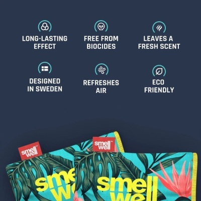 Produtos smell well com padrão vegetal em fundo azul escuro e texto sobre características do produto