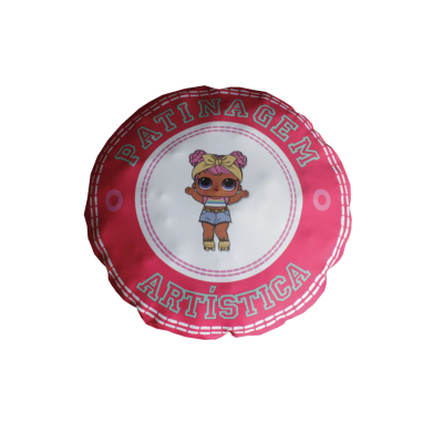Almofada redonda rosa com boneca a patinar e texto PATINAGEM ARTÍSTICA