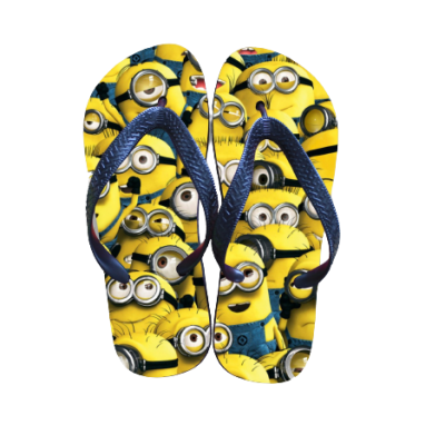 Chinelos com estampado dos Minions em amarelo e azul com tiras azuis.