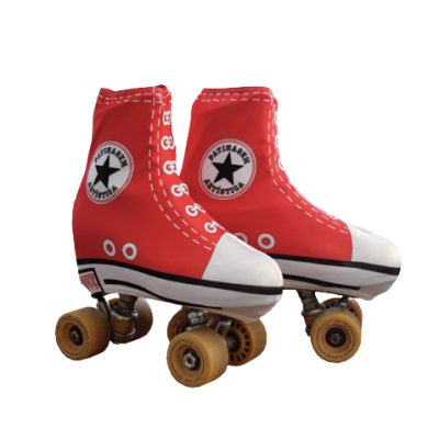 Par de patins clássicos vermelhos com biqueira branca e roda amarela