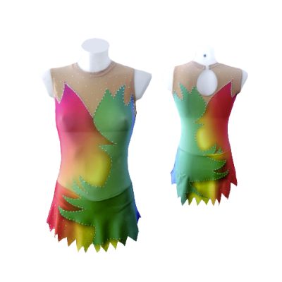 Vestido colorido de ginástica rítmica com strass e recortes irregulares